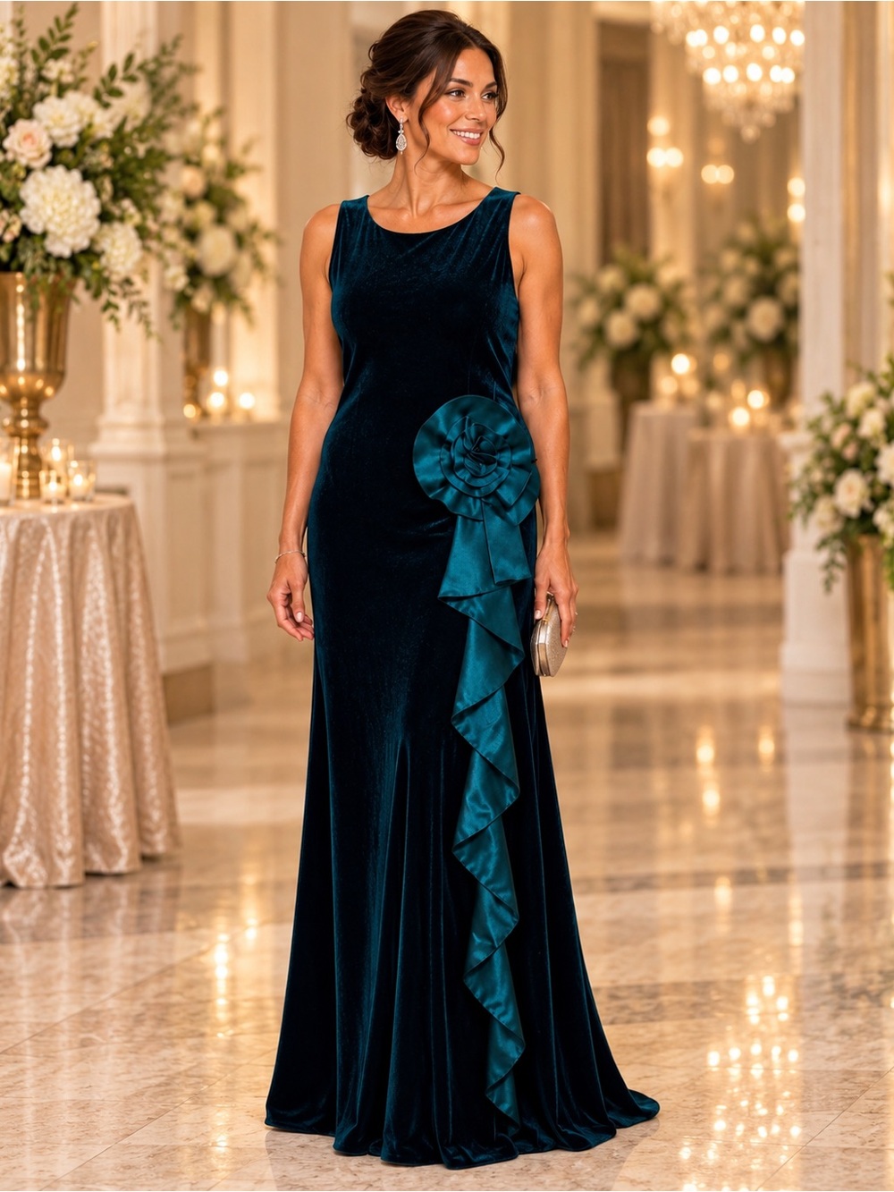 NWT Jessica Howard Teal Velvet Rosette Ruffle Gown Size 14 Formal Maxi Dress
